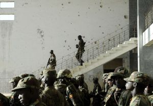 African Union troops staioned at a football stadium in the capital.